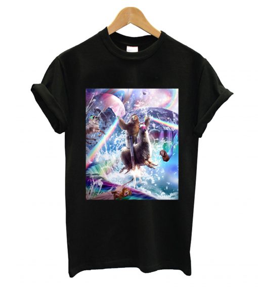 Rainbow Laser Sloth On Llama Unicorn In Space T shirt